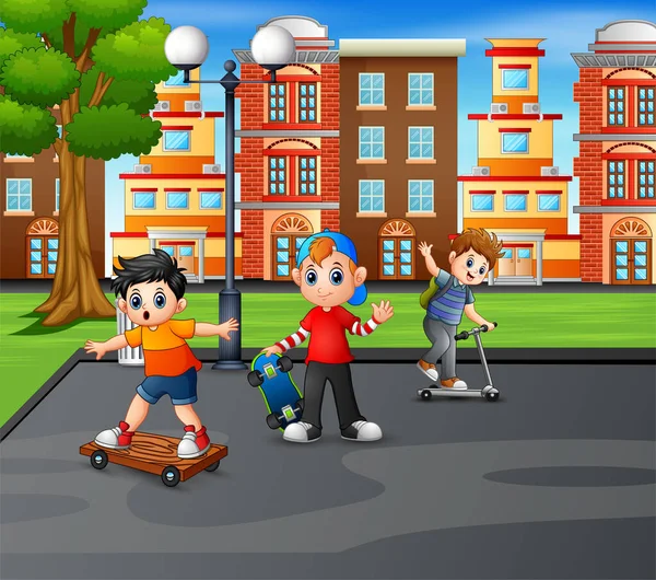 Τρία Αγόρια Παίζουν Στο Πάρκο Της Πόλης — Διανυσματικό Αρχείο