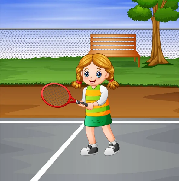 Chica Feliz Jugando Tenis Las Canchas — Vector de stock