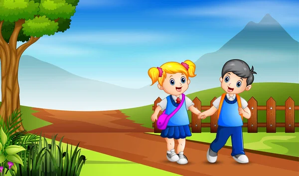 Ein Kleiner Junge Und Ein Mädchen Gehen Zur Schule — Stockvektor