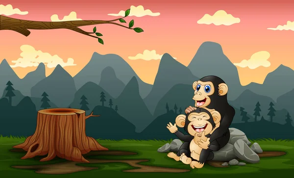 Chimpancé Con Cachorro Bosque Desnudo — Vector de stock