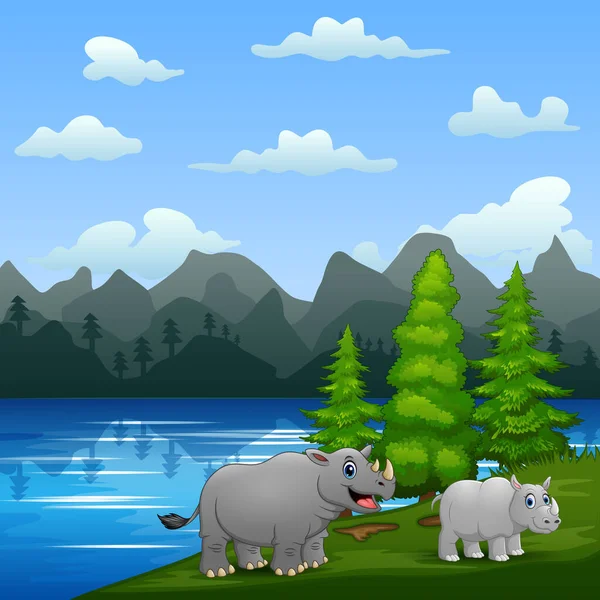 Grand Rhinocéros Avec Son Petit Jouant Bord Rivière — Image vectorielle