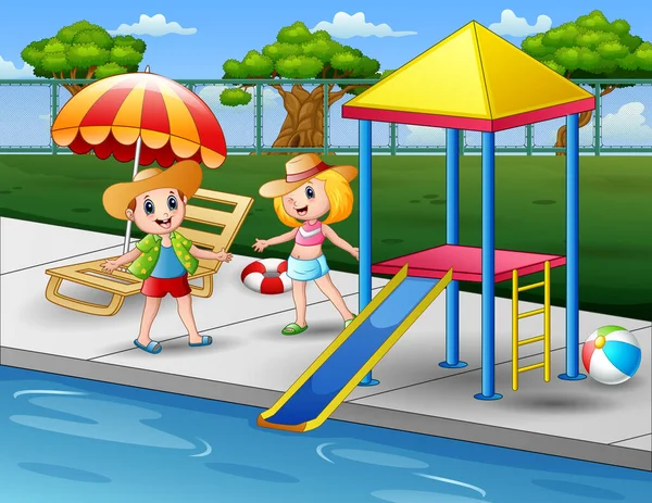 Gelukkige Kinderen Een Zwembad — Stockvector