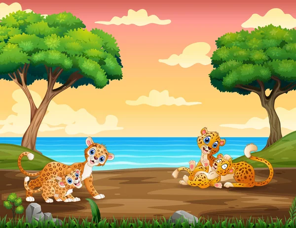 Cartoon Leopard Playing Her Cub Zoo — стоковый вектор