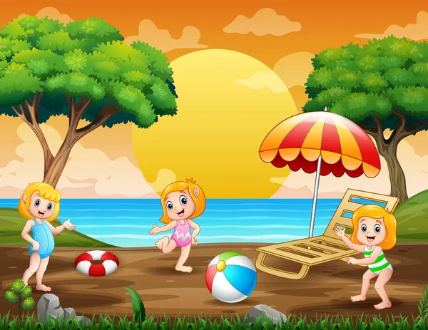 Vacaciones Verano Con Niños Jugando Playa — Vector de stock