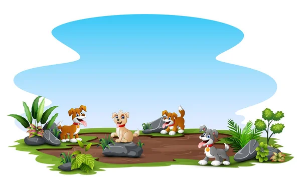 Muchos Perros Disfrutando Naturaleza Fuera — Vector de stock