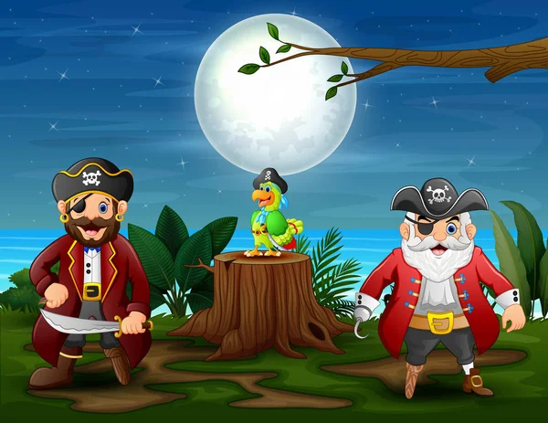 ジャングルの中でオウムと2人の男の海賊 — ストックベクタ