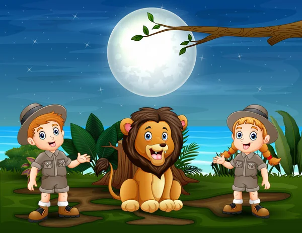 Los Niños Safari Con León Naturaleza — Archivo Imágenes Vectoriales