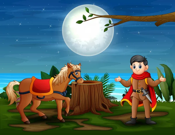Сказочная Сцена Принцем Лошадью Ночью — стоковый вектор