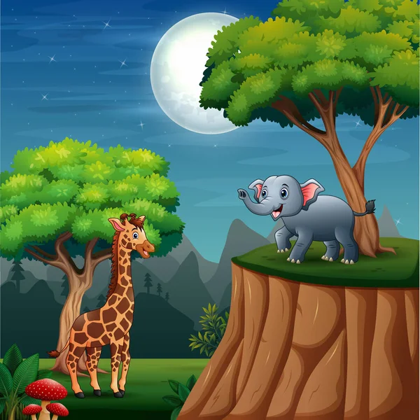 Cartoon Animal Sauvage Dans Paysage Jungle — Image vectorielle