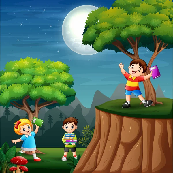 Enfants Heureux Apprenant Nuit — Image vectorielle