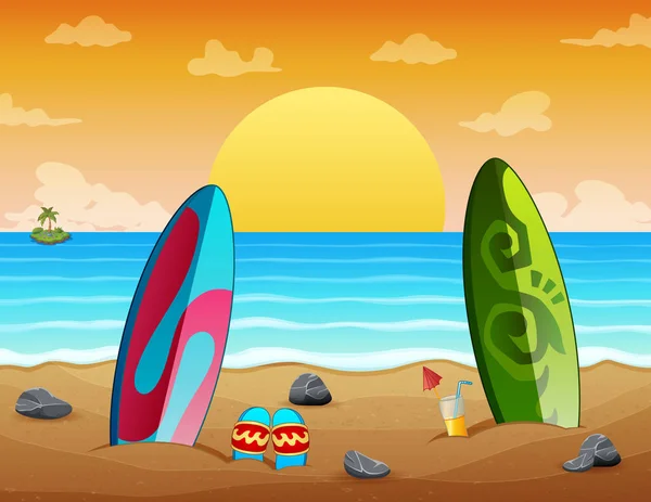 Summer Holiday Sunset Beach Scene Surfboards Sand — Stock Vector