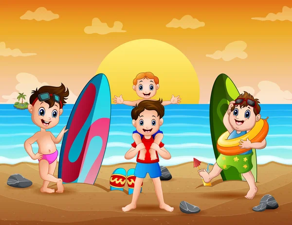 幸せな少年たちがビーチで遊んでいる — ストックベクタ