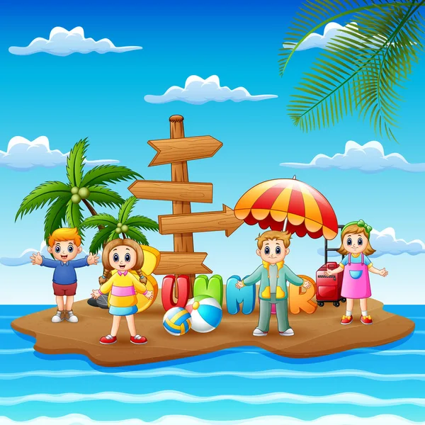 Θερινές Διακοπές Χαρούμενα Παιδιά Στο Νησί — Διανυσματικό Αρχείο