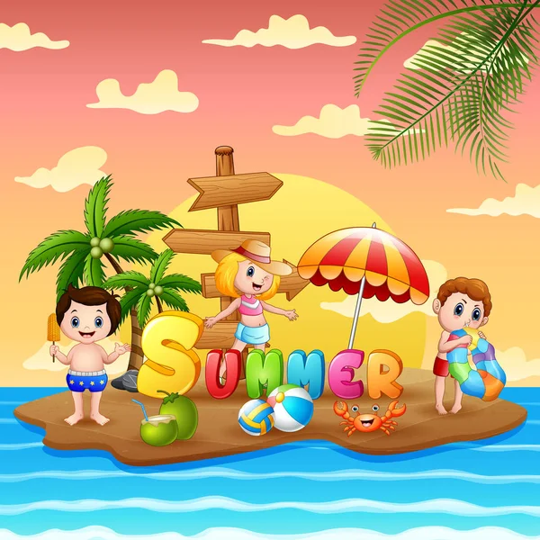 Férias Verão Com Crianças Ilha Praia — Vetor de Stock