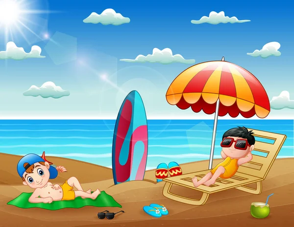 Happy Boys Relaxing Beach — Stock Vector