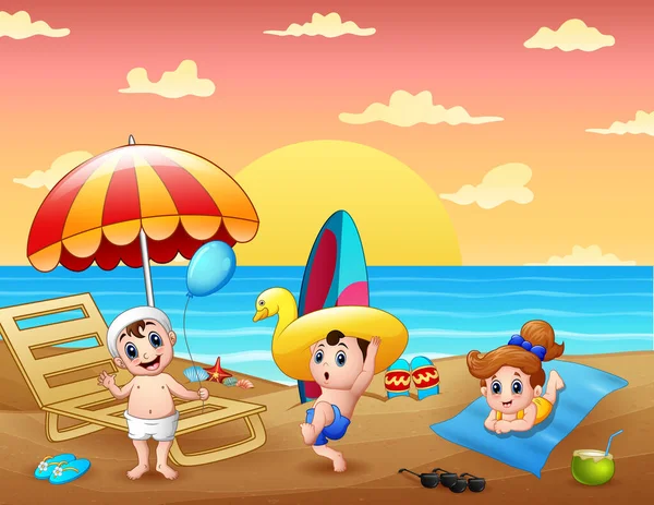 Vacaciones Verano Con Niños Divirtiéndose Playa — Vector de stock