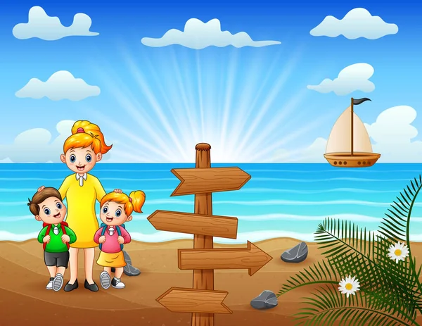 Familia Feliz Caminando Por Playa — Vector de stock