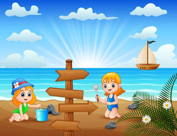 Gelukkig Kleine Meisjes Spelen Zee Zand — Stockvector