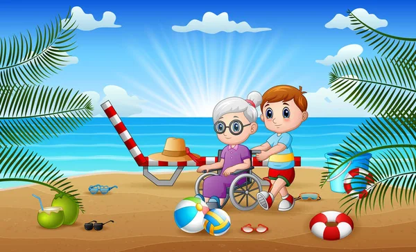 바닷가에서 할머니와 — 스톡 벡터