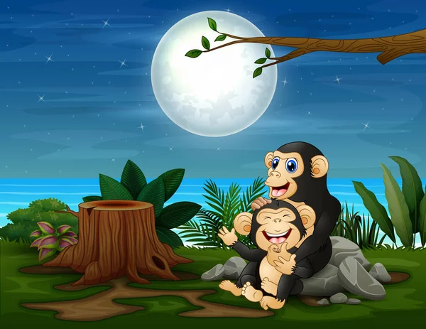 チンパンジーは夜の風景の中で楽しんでいます — ストックベクタ