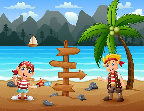 Dos Niños Piratas Playa — Vector de stock