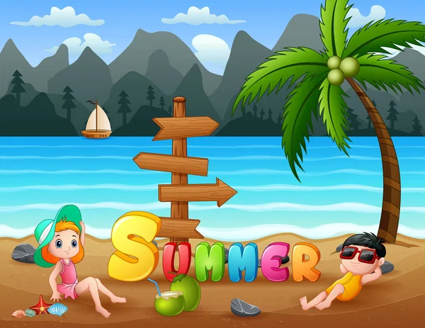 Férias Verão Crianças Relaxando Praia — Vetor de Stock
