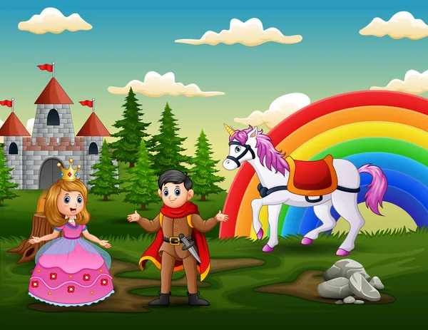卡通片公主和王子在城堡前面 — 图库矢量图片