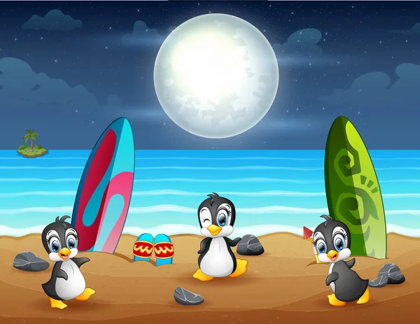 3羽のペンギンが浜で遊んでいる — ストックベクタ