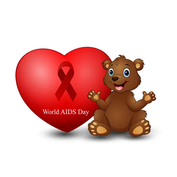 Ведмідь Сидить Поруч Серцем Текстом World Aids Day Червоною Стрічкою — стоковий вектор