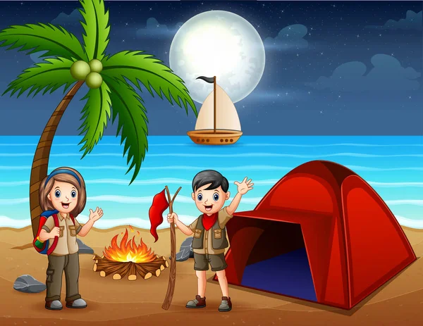 Escena Con Niño Explorador Acampando Playa Por Noche — Vector de stock