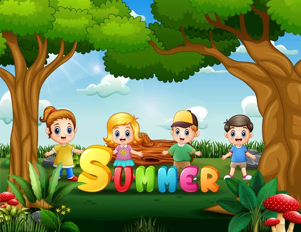 Happy Kids Enjoy Summer Park Illustration — Stockový vektor