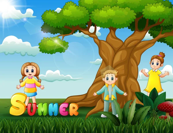 Happy Kids Enjoy Summer Park Illustration — Stockový vektor