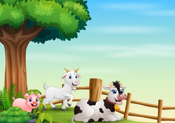 Granja Animales Felices Jugando Dentro Valla — Vector de stock