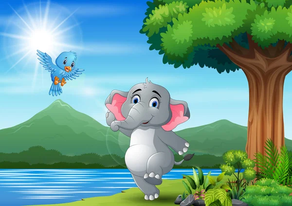 Σκηνή Ελέφαντα Και Μπλε Πουλί Που Διασκεδάζουν Στη Φύση — Διανυσματικό Αρχείο