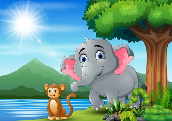 Escena Con Elefante Mono Divirtiéndose Naturaleza — Vector de stock