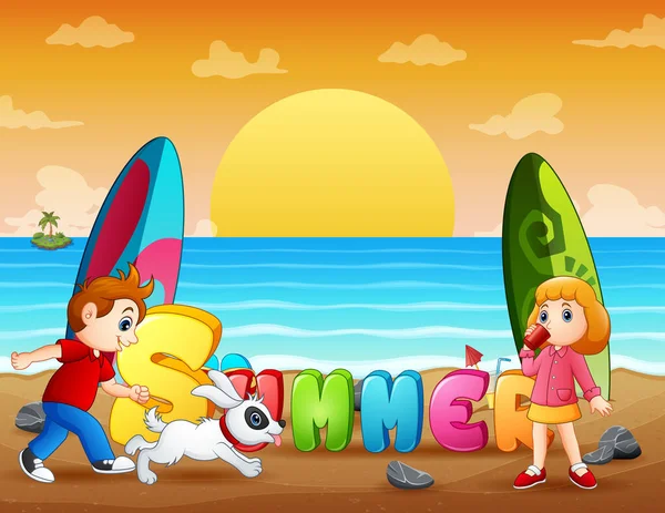 Férias Verão Com Crianças Praia Tropical — Vetor de Stock