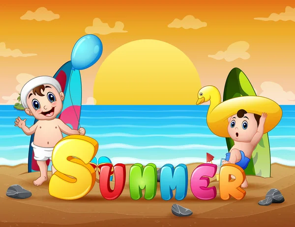 Щасливі Хлопці Грають Літньому Пляжі — стоковий вектор