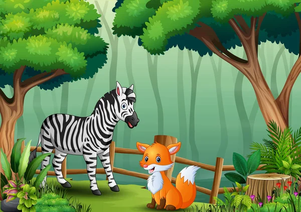 Uma Zebra Raposa Dentro Cerca Floresta —  Vetores de Stock