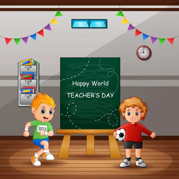 Happy Teacher Day Teks Papan Tulis Dengan Anak Anak Kelas - Stok Vektor