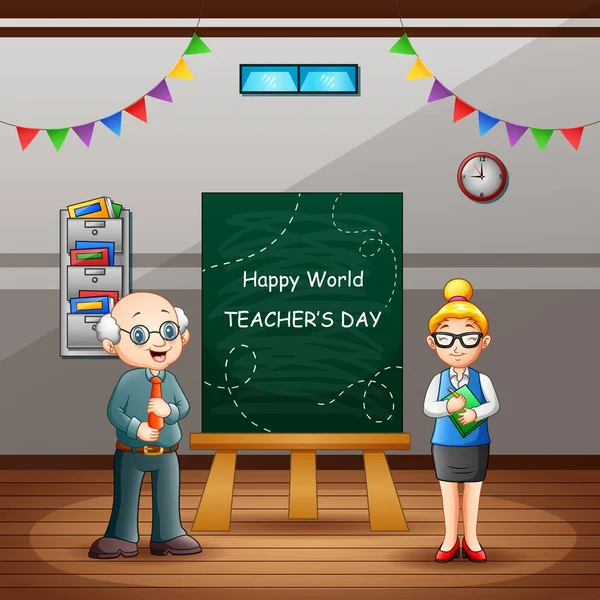Happy World Teacher Day Teks Papan Tulis Dengan Guru Kelas - Stok Vektor