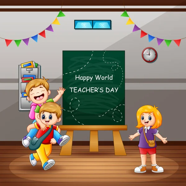 Happy Teacher Day Testo Sulla Lavagna Con Bambini Classe — Vettoriale Stock