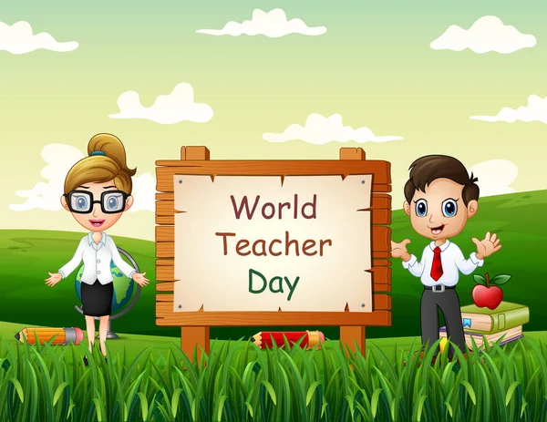Happy World Teacher Day Smile Seorang Guru Dengan Latar Belakang - Stok Vektor
