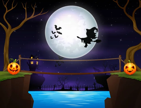 Silhouet Van Een Heks Die Vliegt Halloween Nacht — Stockvector