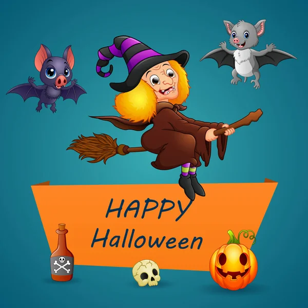 Feliz Halloween Texto Con Brujas Voladoras Murciélagos — Vector de stock