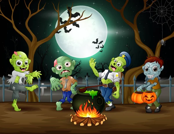 Zombies Dibujos Animados Está Cocinando Una Poción Noche Halloween — Archivo Imágenes Vectoriales