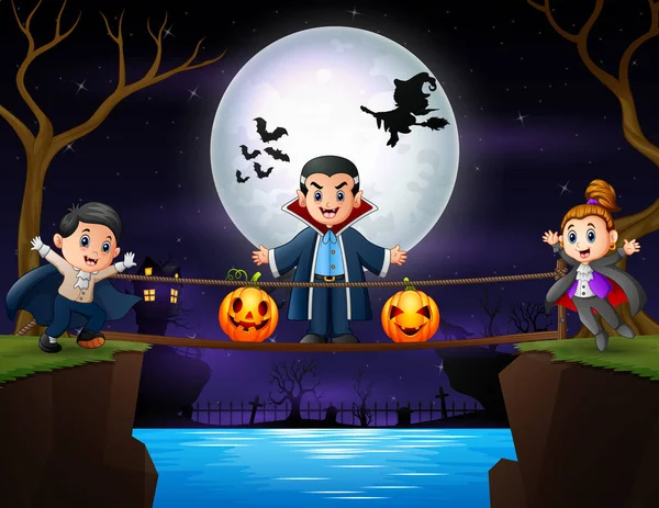 Feliz Familia Vampiros Noche Halloween — Vector de stock