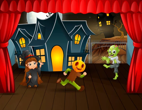 Niños Disfraz Halloween Rendimiento Escenario — Vector de stock