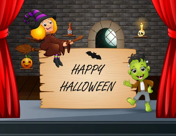 Feliz Halloween Con Frankenstein Bruja Actuando Escenario — Archivo Imágenes Vectoriales
