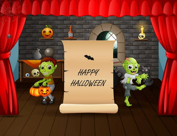 Happy Halloween Mit Zombie Neben Der Papierrolle — Stockvektor