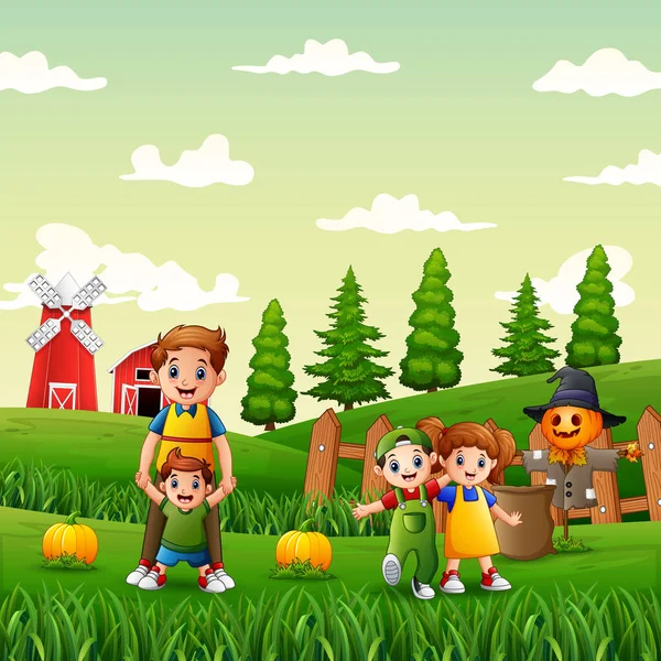 Famiglia Felice Nel Giardino Delle Zucche — Vettoriale Stock